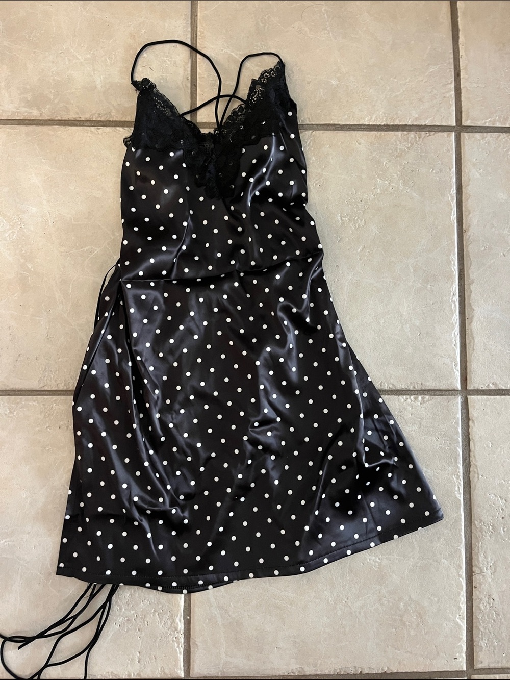 Edikted Black Satin Polka Dot Lace-Trim Slip Dress